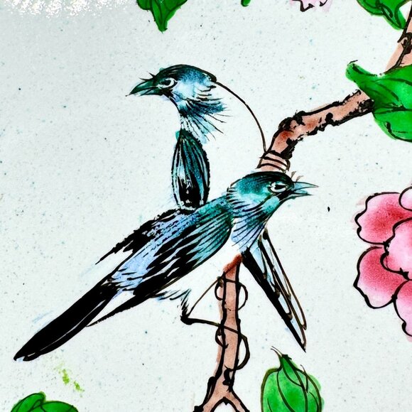 Vtg Hand-Painted Floral Enamel Trinket Box Birds & Blossoms 6" Diameter - Picture 2 of 16